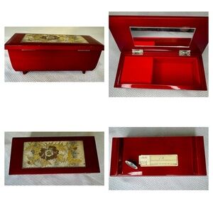 Vintage Japanese Red Lacquer Music Jewelry Box Gold Makie Paganini Mirror Velvet